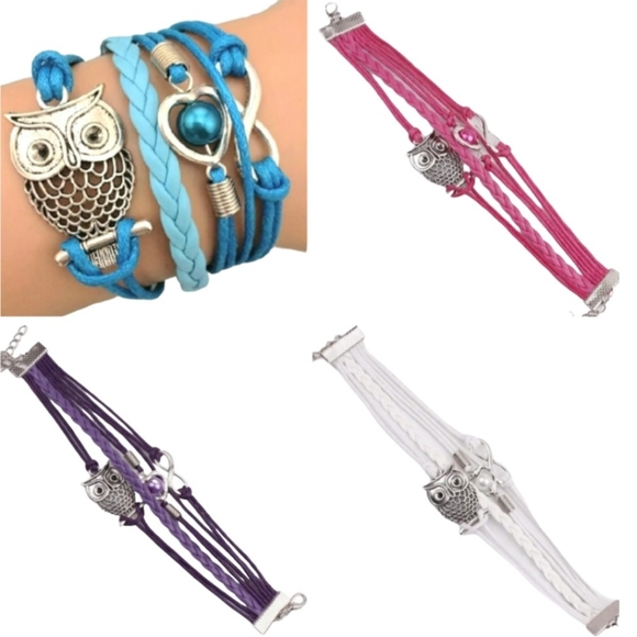 Owl Infinity Heart Pearl Purple White Pink Turquise Blue Layered Charm Bracelet - Picture 2 of 12